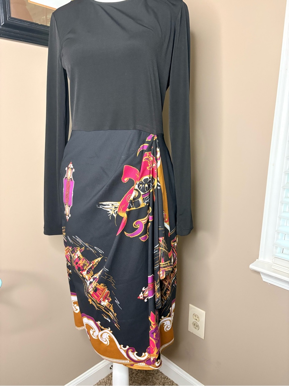 DKNY Black Long-Sleeve Midi Dress with Pink and Gold Accents